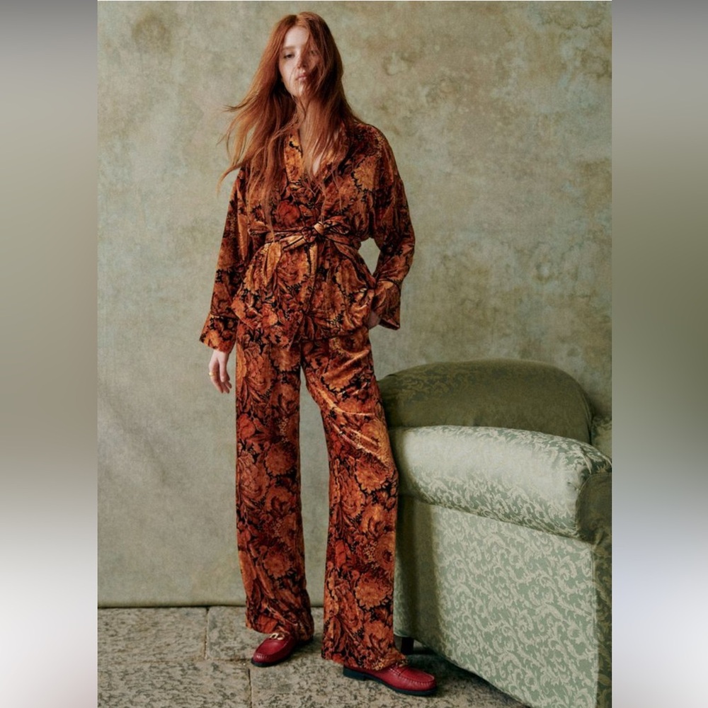 Sezane Loulou Trousers Velvet High Waist Wide Leg Pants Ochre Flowers 34